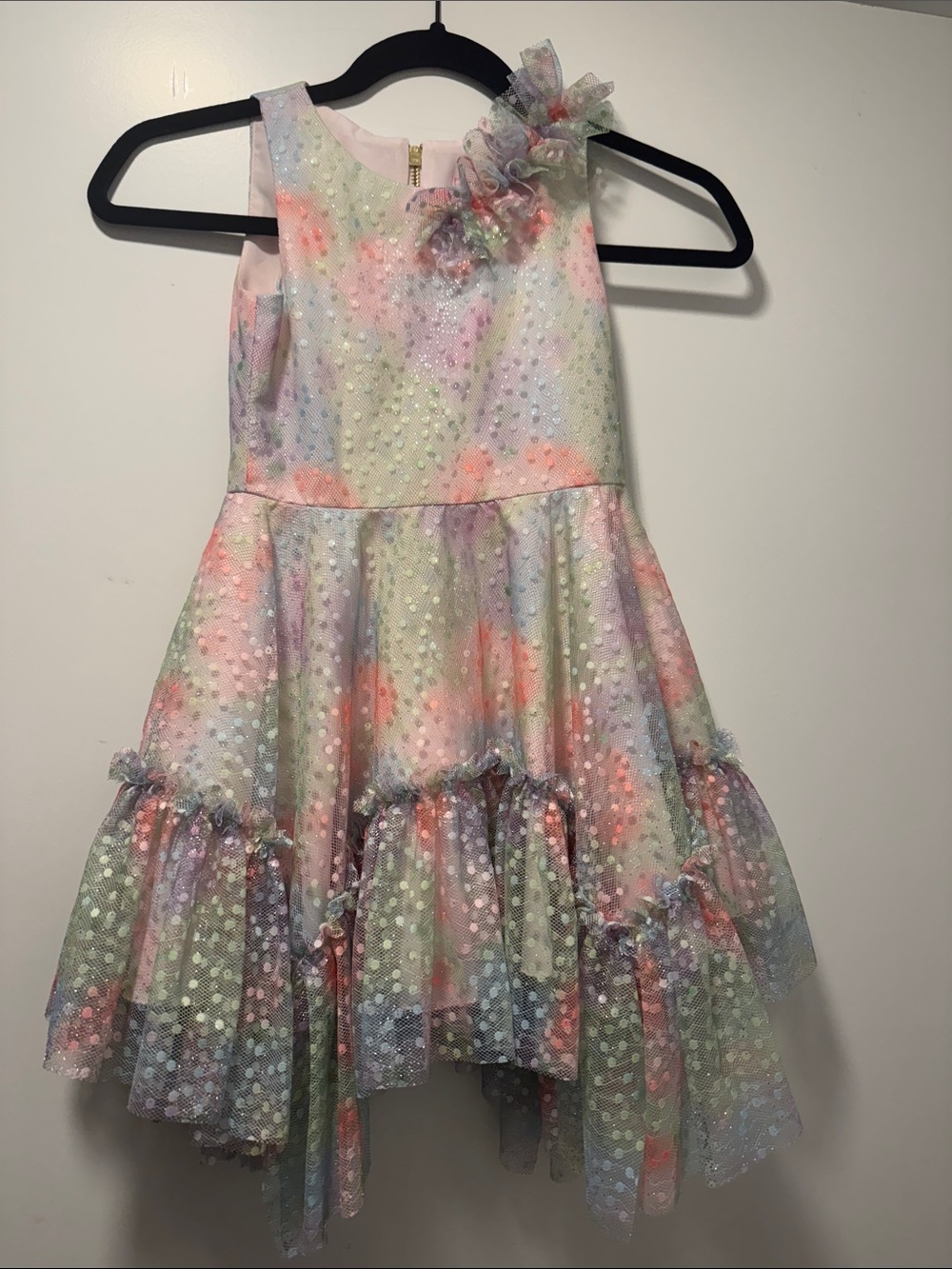 Zoe Ltd Pastel Rainbow Polka Dot Tulle Dress with Floral Shoulder